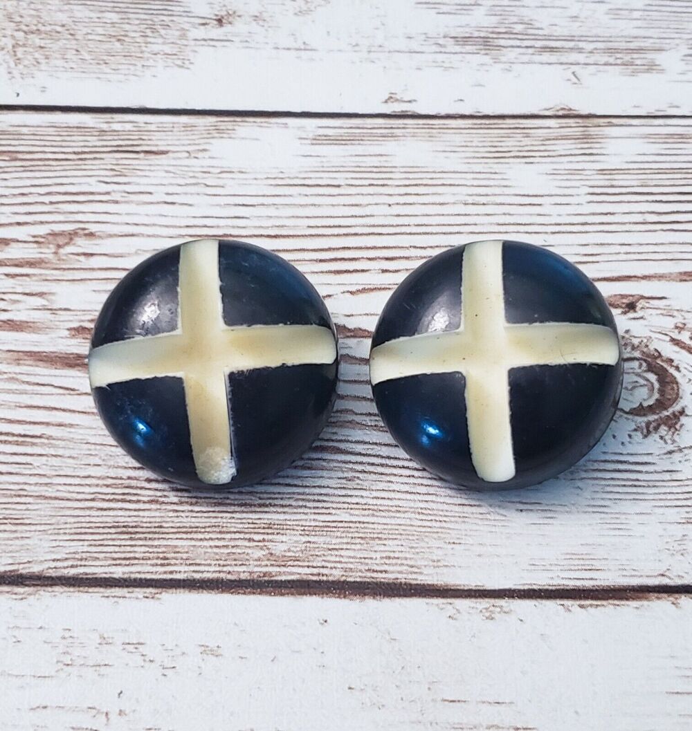 Vintage Clip On Earrings - Black Domed Circle with Cut Out Cross 1"
